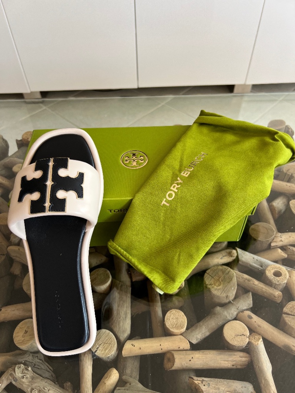 TORY BURCH New Cream Double T Sport Slide Sandals